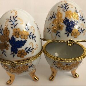 Decorative Egg Trinket Box with Gold tone and Blue Floral Design